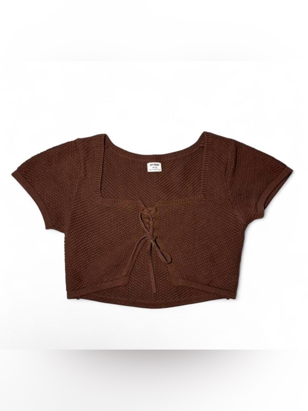Cotton on Brown boho knit going out cropped cotton top with tie detail. Size M⏹️
